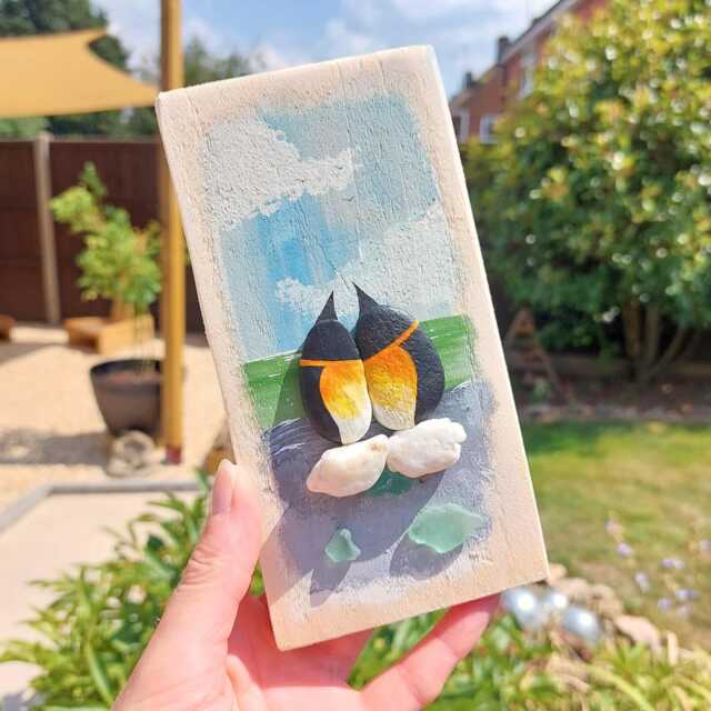 Penguin Couple Wall Art, Handmade Coastal Gift, Pebble & Sea Glass Wooden Hanging - image 1