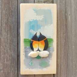 Penguin Couple Wall Art, Handmade Coastal Gift, Pebble & Sea Glass Wooden Hanging - thumbnail 2