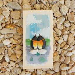 Penguin Couple Wall Art, Handmade Coastal Gift, Pebble & Sea Glass Wooden Hanging - thumbnail 3
