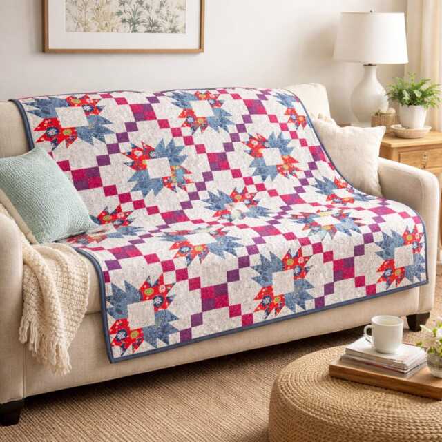 Grandma's Flower Quilt Pattern - Vintage Star Patchwork Throw - PDF Pattern - image 1