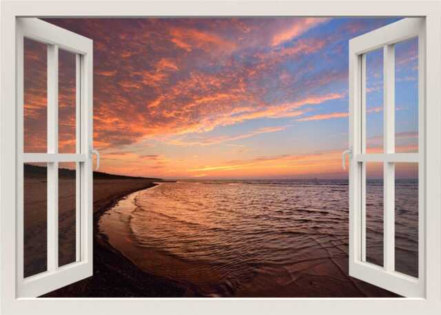Sunset Sea Shore Wall Decal Mural, Decal, Nature Sticker, 3D Window View Living Room Bedroom Home Decor