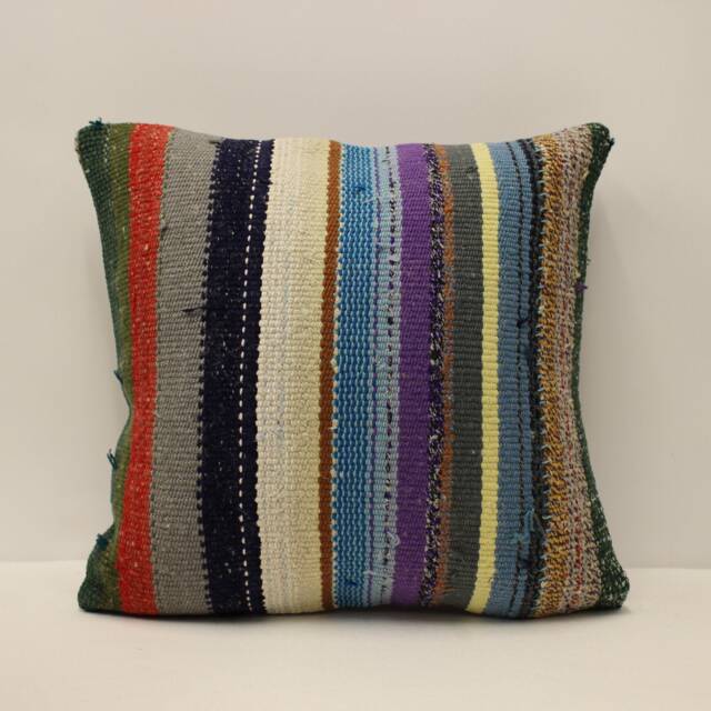 Vintage Turkish Kilim Pillow Cover, Hand-Woven Wool Throw - 16x16 In - image 1