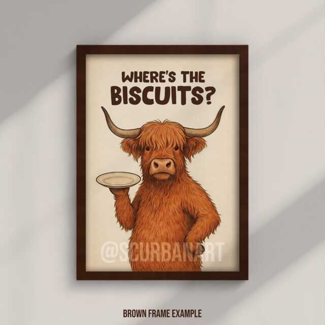 Biscuits? Funny Kitchen Art Print Tea Coffee Scottish Highland Cow Wall Poster - image 1
