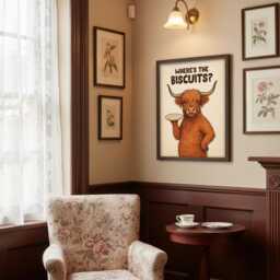 Biscuits? Funny Kitchen Art Print Tea Coffee Scottish Highland Cow Wall Poster - thumbnail 3