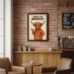 Biscuits? Funny Kitchen Art Print Tea Coffee Scottish Highland Cow Wall Poster - thumbnail 2