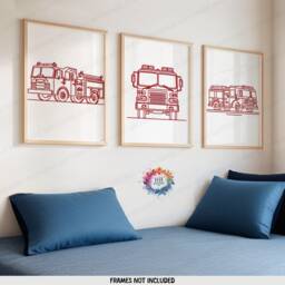 Minimal Fire Truck Prints - Nursery Decor - Set Of 3 Posters Transport Wall Art Kids Room Home Engine Print - thumbnail 2