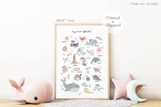 Sea Alphabet Print, Nautical Nursery Decor, Under The Ocean Girl Educational Playroom Prints, Scandi Kids Art - image 1