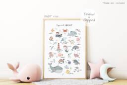Sea Alphabet Print, Nautical Nursery Decor, Under The Ocean Girl Educational Playroom Prints, Scandi Kids Art - thumbnail 1