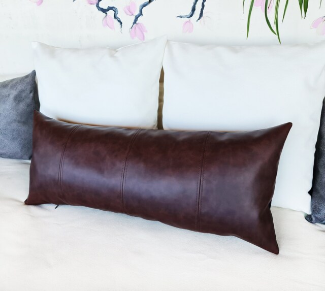 Dark Brown Faux Leather Lumbar Pillow Cover 4-Piece Design - image 1