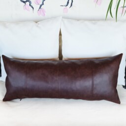 Dark Brown Faux Leather Lumbar Pillow Cover 4-Piece Design - thumbnail 3