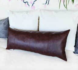 Dark Brown Faux Leather Lumbar Pillow Cover 4-Piece Design - thumbnail 1