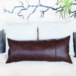 Dark Brown Faux Leather Lumbar Pillow Cover 4-Piece Design - thumbnail 2