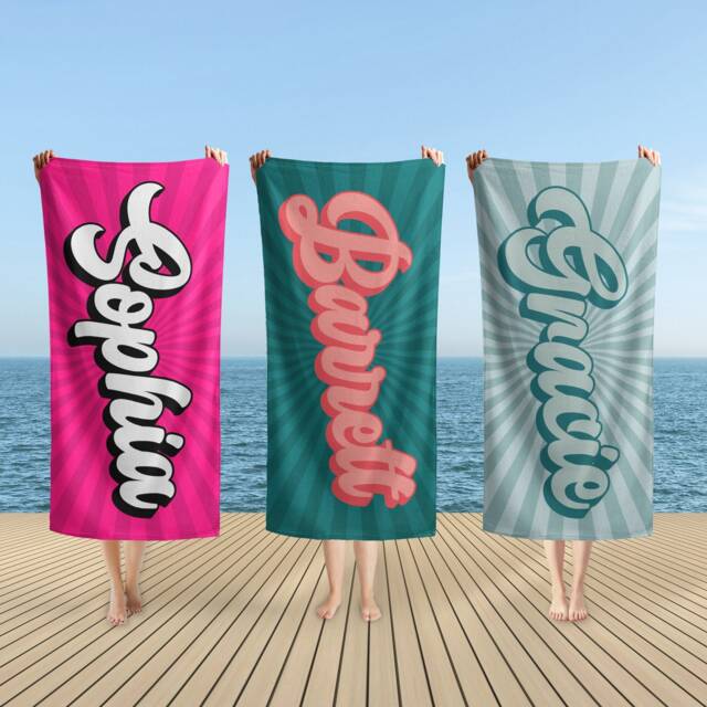 Retro Style Personalized Beach Towel, Name Bath Custom Towel With Name, Outside Birthday Vacation Gift Pool Parties Towels - image 1