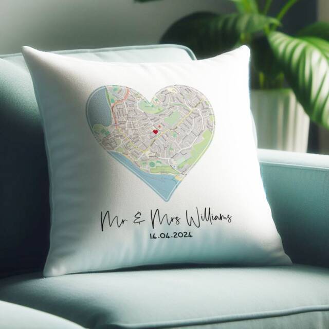 Map Cushion Gift For Couples Wedding & Engagement Gift. 2nd Anniversary Cotton Second Area Map Of Venue Mr Mrs Newly Wed - image 1