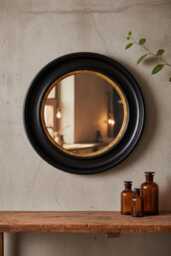 Round Porthole Mirror Black & Gold - Convex Fisheye Wall 74cm Dia- Traditional Hallway Decor Circular Bathroom Nautical