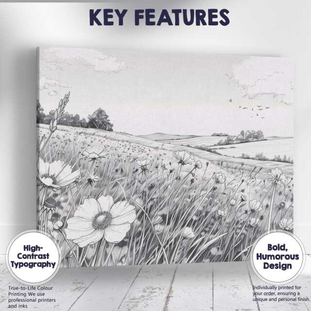 Monochrome Wildflower Meadow Landscape Pen & Ink Illustration Canvas Wall Art Print Decor Picture Ready To Hang - image 1