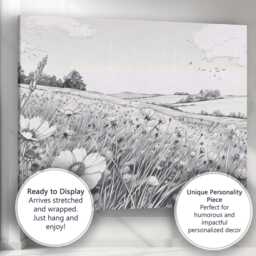 Monochrome Wildflower Meadow Landscape Pen & Ink Illustration Canvas Wall Art Print Decor Picture Ready To Hang - thumbnail 3