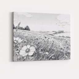 Monochrome Wildflower Meadow Landscape Pen & Ink Illustration Canvas Wall Art Print Decor Picture Ready To Hang - thumbnail 4