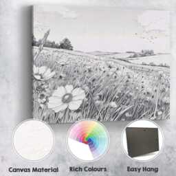 Monochrome Wildflower Meadow Landscape Pen & Ink Illustration Canvas Wall Art Print Decor Picture Ready To Hang - thumbnail 2