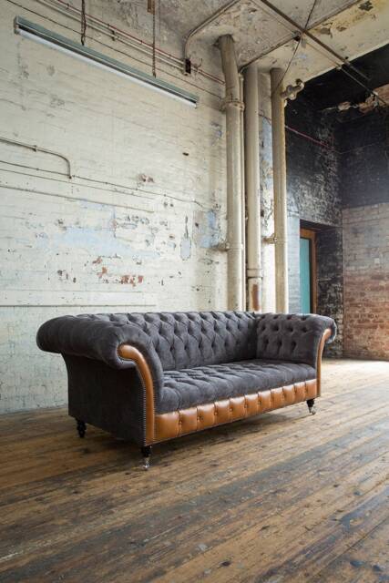 Handmade Large 3 Seater Slate Grey Velvet & Tan Brown Leather Chesterfield Sofa - image 1