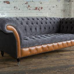Handmade Large 3 Seater Slate Grey Velvet & Tan Brown Leather Chesterfield Sofa - thumbnail 2