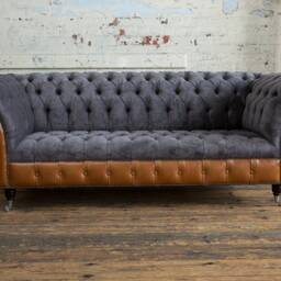 Handmade Large 3 Seater Slate Grey Velvet & Tan Brown Leather Chesterfield Sofa - thumbnail 3