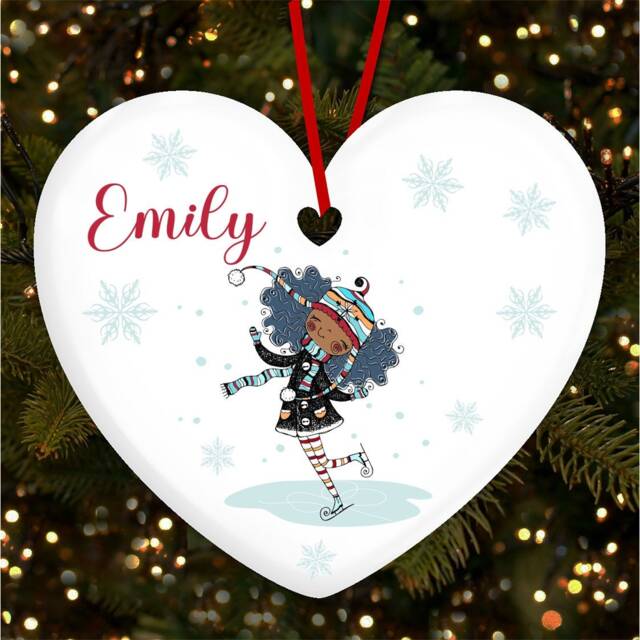 Dark Skin Girl Skating Ice Heart Personalised Christmas Tree Ornament Decoration