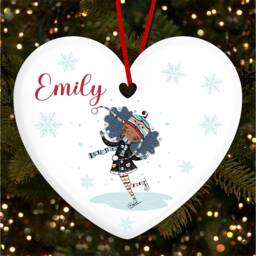 Dark Skin Girl Skating Ice Heart Personalised Christmas Tree Ornament Decoration
