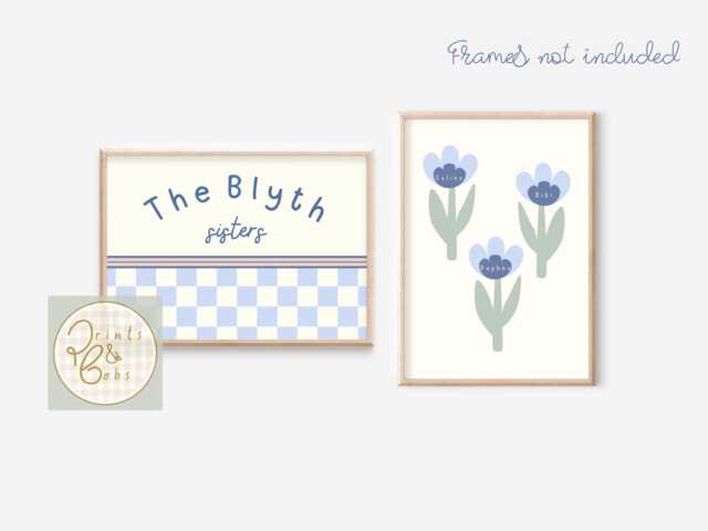 Personalised Sisters Prints. Set Of 2 Checkered Name & Flower Prints For Girls Bedroom, Nursery Or Playroom - Prints Only - image 1