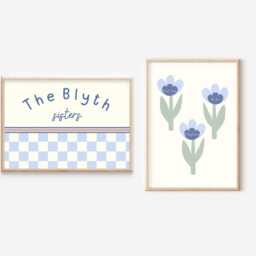 Personalised Sisters Prints. Set Of 2 Checkered Name & Flower Prints For Girls Bedroom, Nursery Or Playroom - Prints Only - thumbnail 2