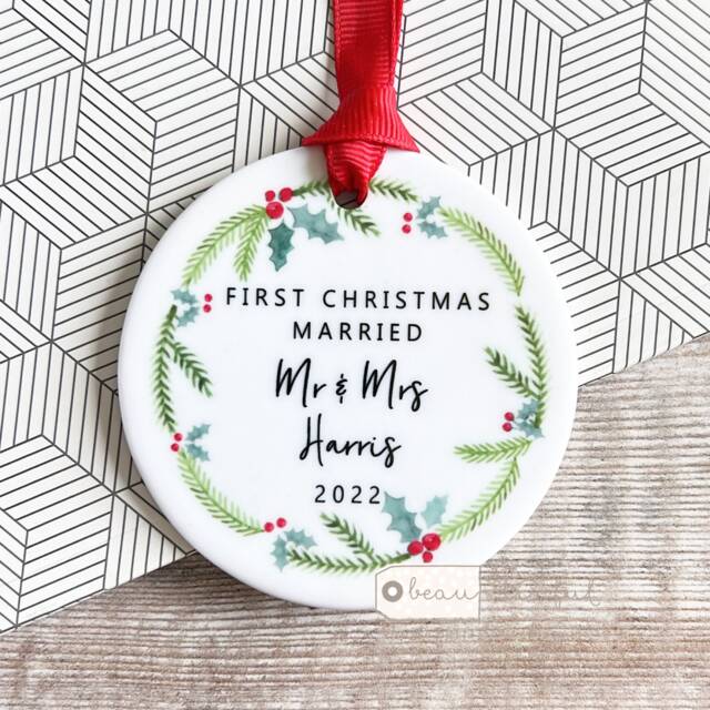 Personalised First Christmas Married Wedding Gift Mr Mrs Newlywed Botanical Greenery Wreath Ceramic Or Acrylic Round Ornament Keepsake
