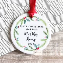 Personalised First Christmas Married Wedding Gift Mr Mrs Newlywed Botanical Greenery Wreath Ceramic Or Acrylic Round Ornament Keepsake
