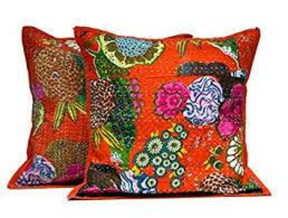 Pillowcase 16x16 Two Set Of New Kantha Cushion Cover, Floral Print Home Decor Pillowcase - image 1