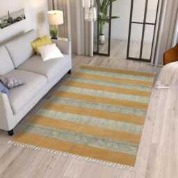 Handwoven Cotton Rug With Stripes & Tassels - Bohemian Style Area - thumbnail 3
