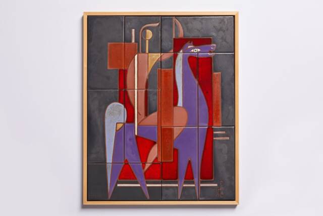 Ceramic Horse Rider Wall Art Tile Handpainted Plaque Valsamakis Equestrian Gifts Colorful Geometric Design Metallic Tones - image 1