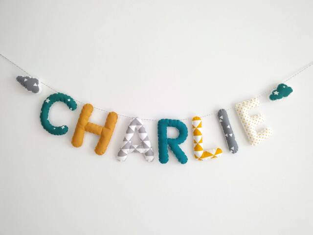 Fabric Name Garland/Letters Banner/Baby Room Decoration/Wall Art Nursery/ Blue Yellow Clouds Vintage - image 1