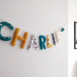 Fabric Name Garland/Letters Banner/Baby Room Decoration/Wall Art Nursery/ Blue Yellow Clouds Vintage - thumbnail 2