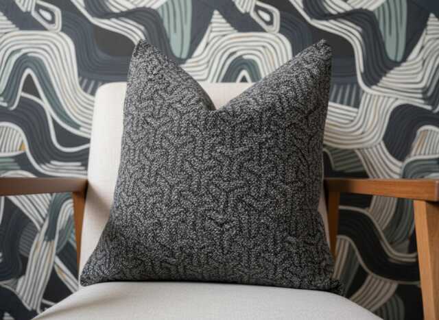 Gray Black Woven Pillow Cover Textured Linen Geometric Cushion - All Duties Paid Usa - image 1