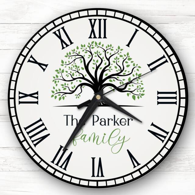 Family Tree Green Grey Personalised Gift Clock - image 1