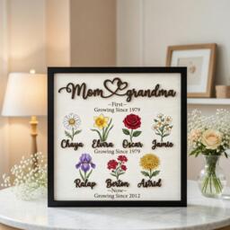 Personalized Grandma Flower Wooden Sign, Custom Family Name Plaque, Mothers Day Gift For Grandma, Kids Names Wall Decor - thumbnail 1