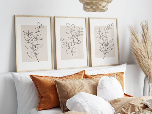 Neutral Wall Art, Bedroom Set Of 3 Prints. Botanical Eucalyptus Plants Art. Floral Line Beige Home Decor, Flower - image 1