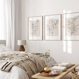 Neutral Wall Art, Bedroom Set Of 3 Prints. Botanical Eucalyptus Plants Art. Floral Line Beige Home Decor, Flower - thumbnail 2