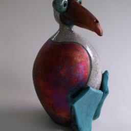 7 Inch Tall - Blue Footed Booby Bird Raku Pottery Free Shipping - thumbnail 2