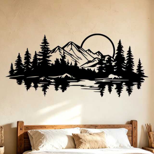 Mountain Lake Reflection Metal Wall Art, Pine Tree Forest Sunset Iron Sheet Decor, Rustic Wilderness Landscape Hanging - image 1