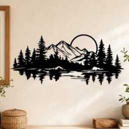 Mountain Lake Reflection Metal Wall Art, Pine Tree Forest Sunset Iron Sheet Decor, Rustic Wilderness Landscape Hanging - thumbnail 2