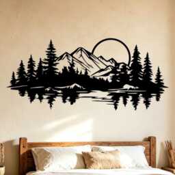 Mountain Lake Reflection Metal Wall Art, Pine Tree Forest Sunset Iron Sheet Decor, Rustic Wilderness Landscape Hanging - thumbnail 1