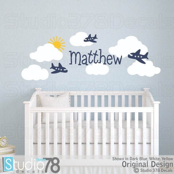 Airplane Nursery Wall Decals - Clouds, Sun, Personalized Name - image 1
