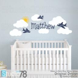 Airplane Nursery Wall Decals - Clouds, Sun, Personalized Name - thumbnail 1