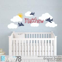 Airplane Nursery Wall Decals - Clouds, Sun, Personalized Name - thumbnail 2