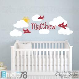 Airplane Nursery Wall Decals - Clouds, Sun, Personalized Name - thumbnail 3